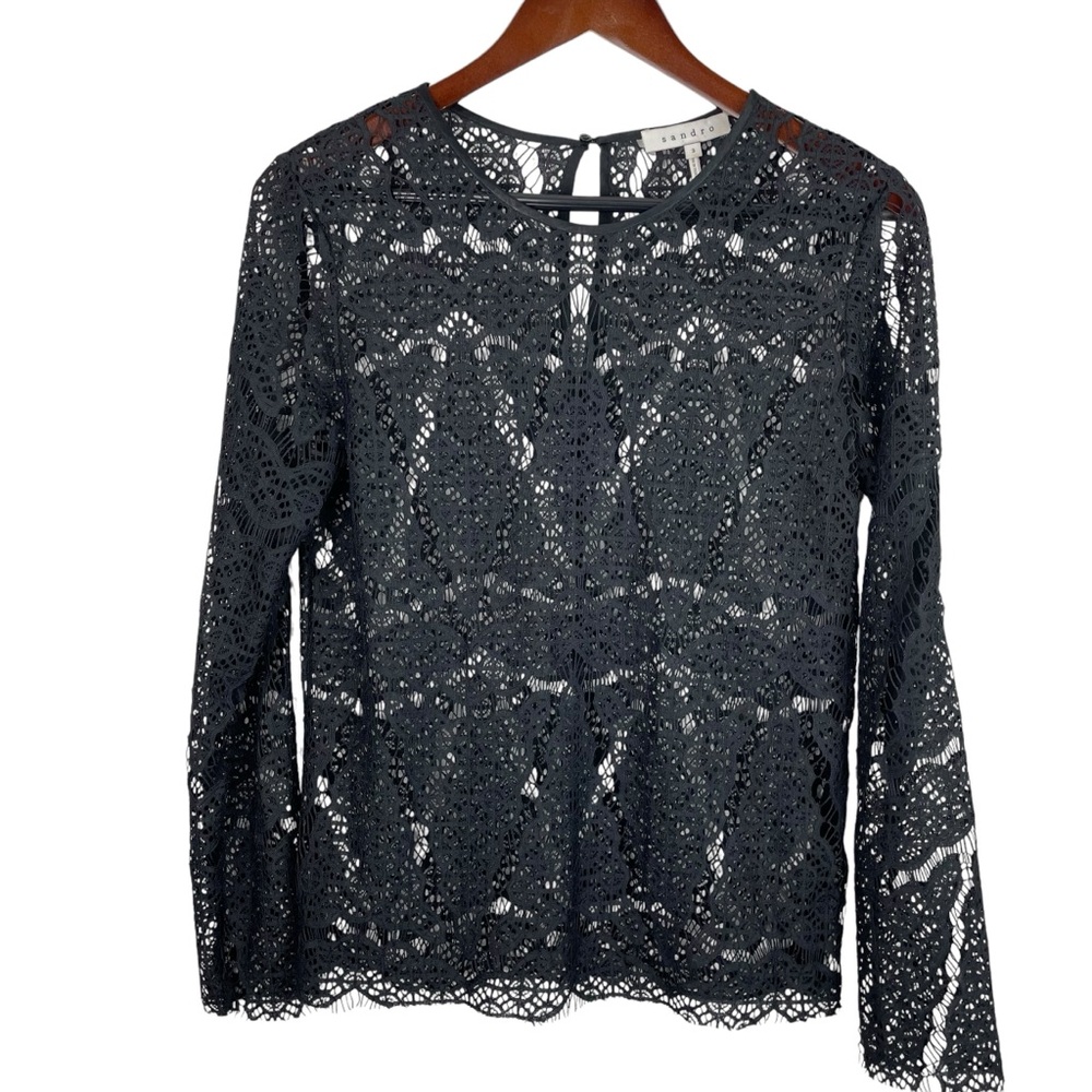 Sandro | Black Crochet Lace Long Sleeve Sheer Blouse